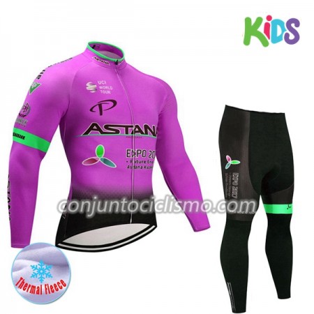 Conjunto Maillot + culotte largo ciclismo Invierno Termico 2017 Astana Pro Team Niños N003